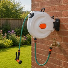 30m Retractable Garden Hose Reel Wall Mounted 180° Swivel Bracket 8 Spray
